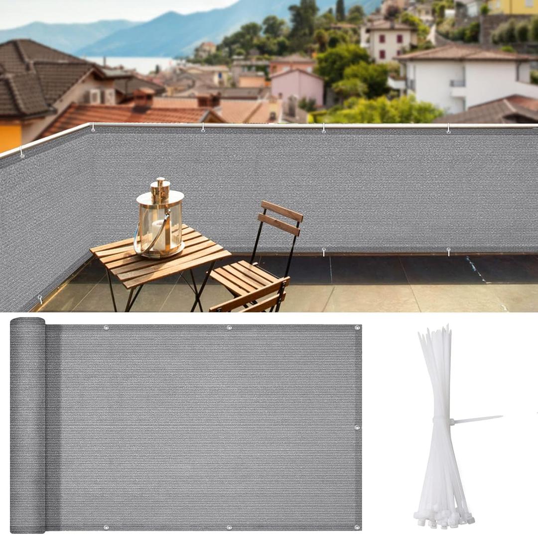 iCover 3x10ft Balcony Privacy Screen Fence, UV-Resistant Railing Fencing Cover for Porch Deck Patio Garden Backyard, Cable Zip Ties Included, Grey (Gray)