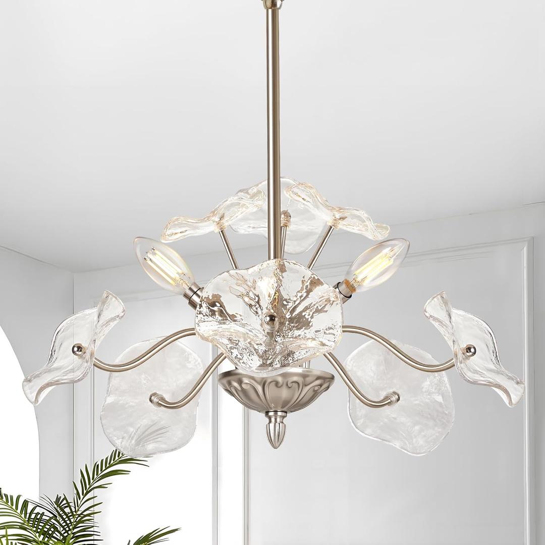 Luvkczc Modern Brushed Nickel Chandelier,Vintage Flower Glass Pendant Light Fixture,Mid Century Ceiling Light Fixture for Dining Room, Kitchen, Living Room, Bedroom Hallway Porch,3 Lights