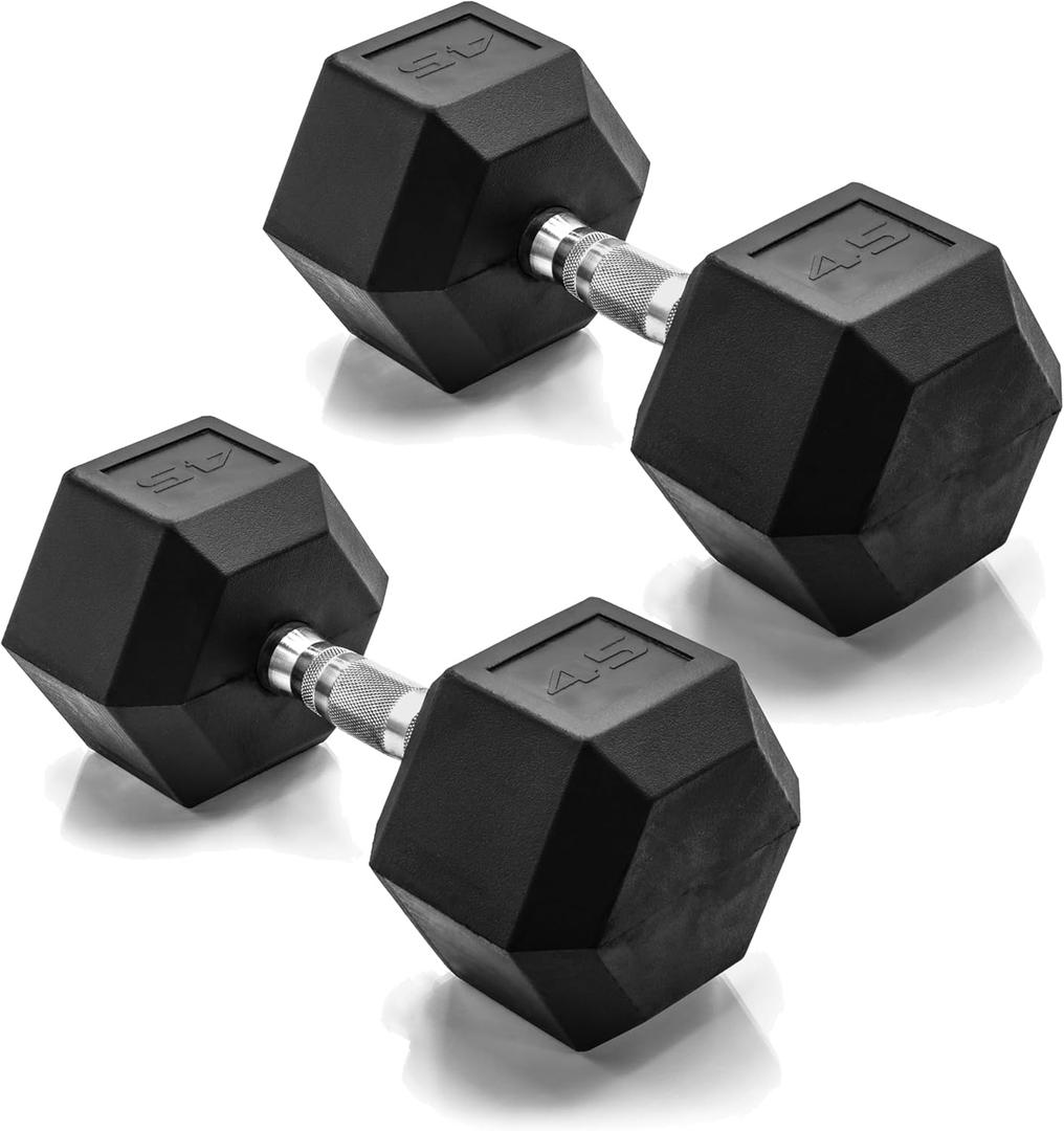 CAP Barbell 45 LB Rubber Coated Hex Dumbbell Hand Weight - Pair | Chrome Handle