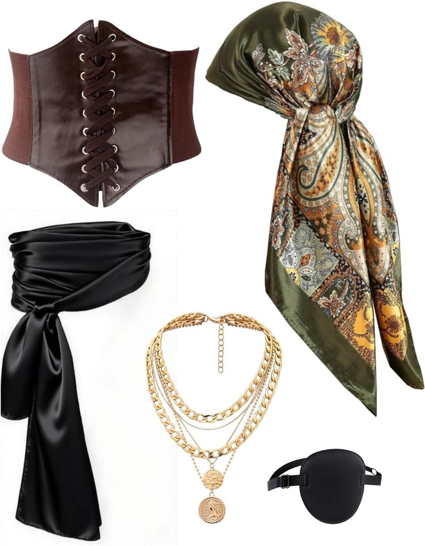 kasahara Pirate Costume Accessories Women Pirate Bandanas Head Scarf Eye Patch Medieval Corset Necklace Jewelry