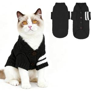 EXPAWLORER Cat Sweater Cardigan - Stylish Knitted Cat Clothes, British Style Soft Puppy Sweater with Sleeve Warm Pet Clothing Knitwear, Fall and Winter Kitten Coat for Girl Boy Cats, Black Small