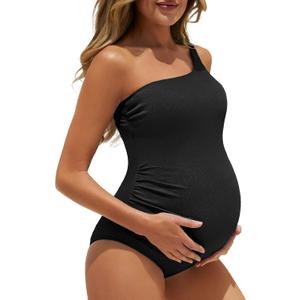 Summer Mae Maternity Swimsuit One Piece One Shoulder Ribbed Pregnancy Bathing Suit (Medium, Black)