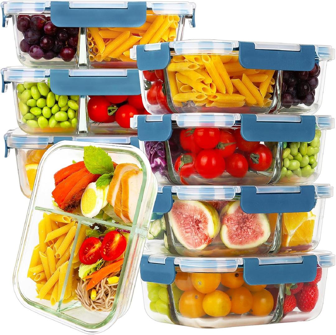 HOMBERKING 8 Pack Glass Meal Prep Containers 3 Compartment, 36oz Glass Food Storage Containers with Lids, Airtight Glass Lunch Bento Boxes, BPA-Free & Leak Proof (8 lids & 8 Containers) - Blue