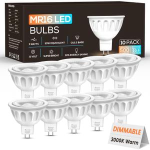 10 Pack Dimmable MR16 LED Bulbs, 12V 5W(50-Watt Equivalent), 3000K Warm White, GU5.3 Bi-Pin Base, 40-Degree, Indoor/Outdoor Landscape Spotlight Track Recessed Lighting