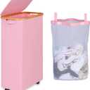iEGrow 75L Laundry Basket with Wheels,Clothes Hamper for Laundry,Laundry Hamper with Lid and Inner Bag, for Laundry Room, Bedroom, Dormitory Storage,Pink
