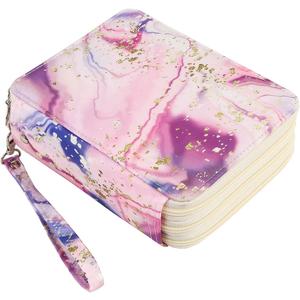 Portable Colored 72 Slots Pencil case Organizer with Printing Pattern for Watercolor Pens or Markers, Pencil Case Organizer for Artist (Pink Marble Purple)