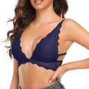 Women's Lace Bra Triangle Bralette Wireless Padded Plunge Low Back Bras Deep V Neck with Bowknot, Large