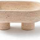 WILD WORKS Travertine Fruit Bowl, 10.2" Oval Beige Stone Serving Bowl for Kitchen Counter & Dining Table, Handcrafted Decorative Centerpiece with Non-Slip Feet for Home Decor