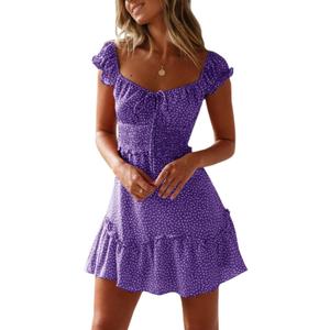 YOBECHO Womens Summer Ruffle Sleeve Sweetheart Neckline Printing Dress Mini Dresses, L