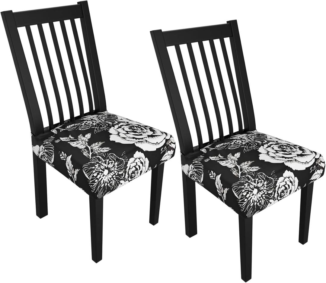 Stretch Dining Chair Seat Covers Set of 2,Dining Chair Slipcovers, Floral Printed Chair Covers,Soft Fabric Washable Upholstered Chair Seat Protector, No Rear Covers for Home Kitchen Dining Room (Black Base White Rose)