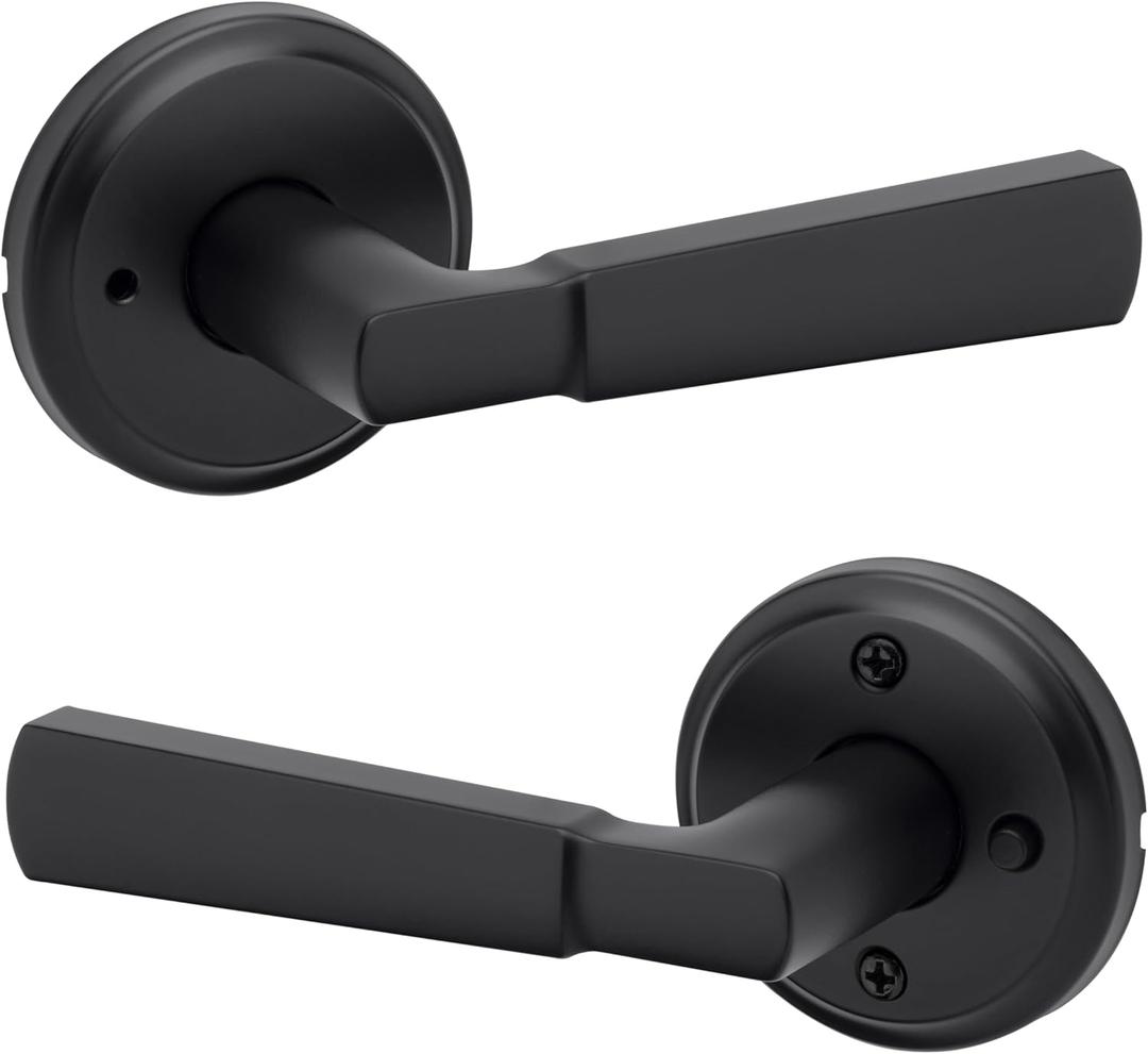 Kwikset Perth Interior Privacy Door Handle with Lock, Door Lever for Bathroom and Bedroom, Matte Black, Reversible Keyless Push Button Lock Door Lever, with Microban Protection