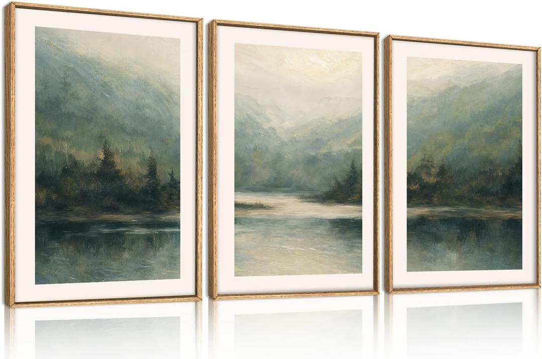 Large Watercolor Green Forest Mountain Framed Canvas Wall Art Set,Abstract Pine Tree Lake Landscape Wall Decor,Modern Nature Scenery Artwork for Living Room,Bedroom,Office-24 x36 x3