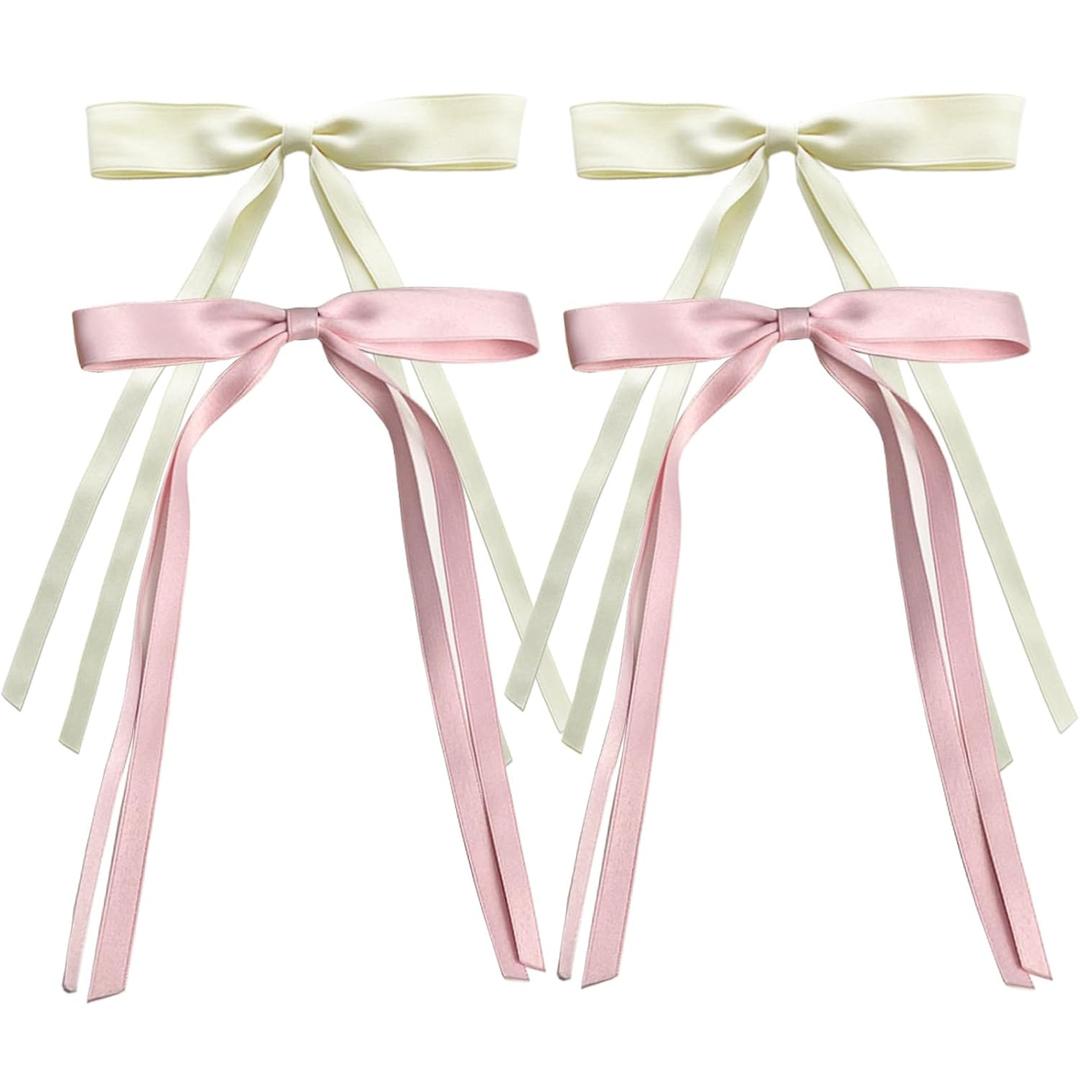 14 x Hair Clip for Women Girls, 4 PCS Hair Ribbons with Long Tail in Pink and Beige, Big Ribbon Bows Satin Hair Clip for Hair Design