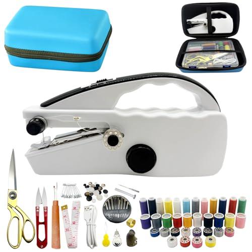Heavy Duty Handheld Sewing Machine with 110 PCS Sewing Kit & Blue Leather Case, Mini Portable Hand Held Sewing Machine for Adults and Beginners, for Mending Clothes, DIY Projects, at Home or on the Go