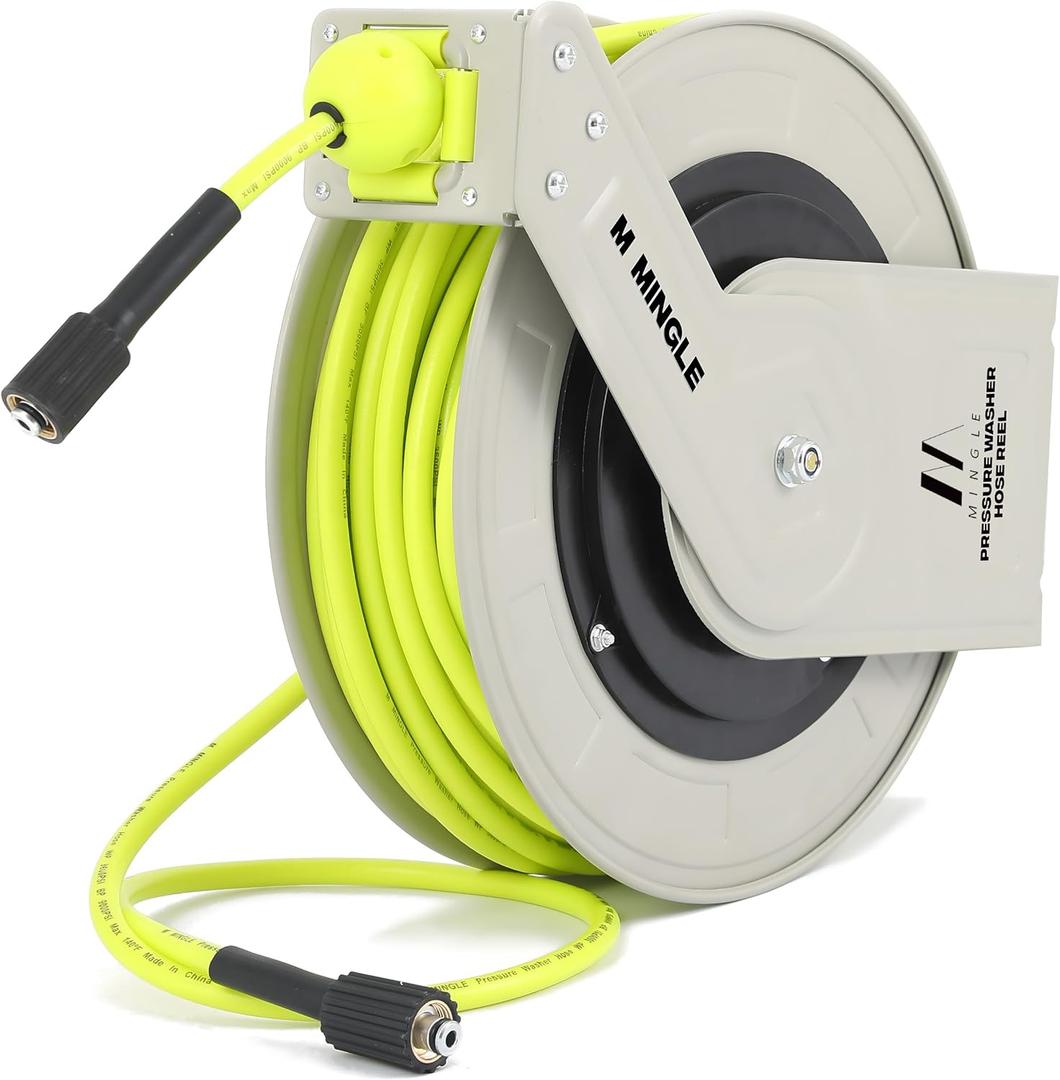 M MINGLE Retractable Pressure Washer Hose Reel, 1/4" 100ft Heavy Duty Professional Hose Reel, Auto Rewind Power Washer Hose Reel, Wall/Floor Mounted, 3600 PSI