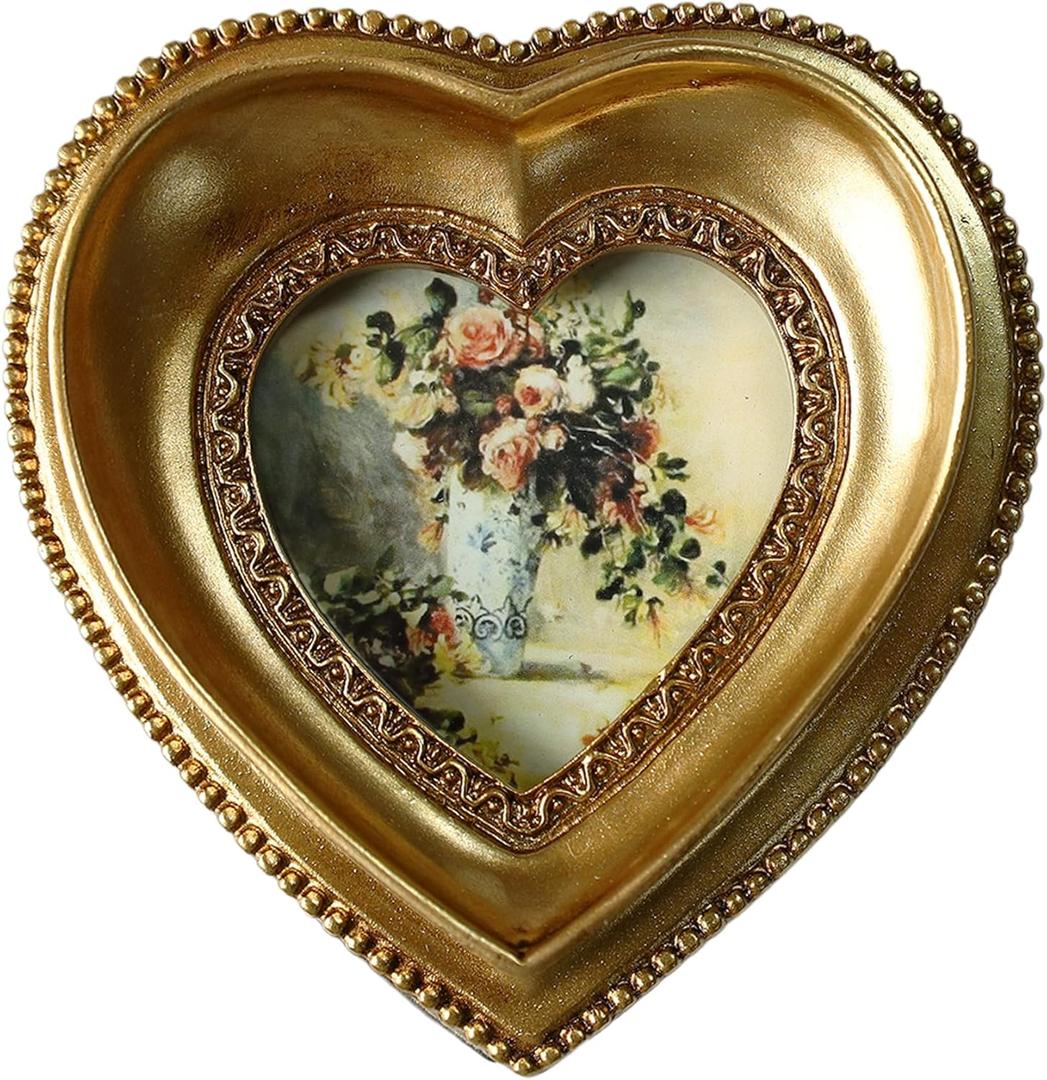Vintage 2.5X2.5 Mini Picture Frame - Antique Gold Embossed Design, Elegant Tabletop and Wall Mount Display for Cherished Photo Home Decor (Gold Heart)