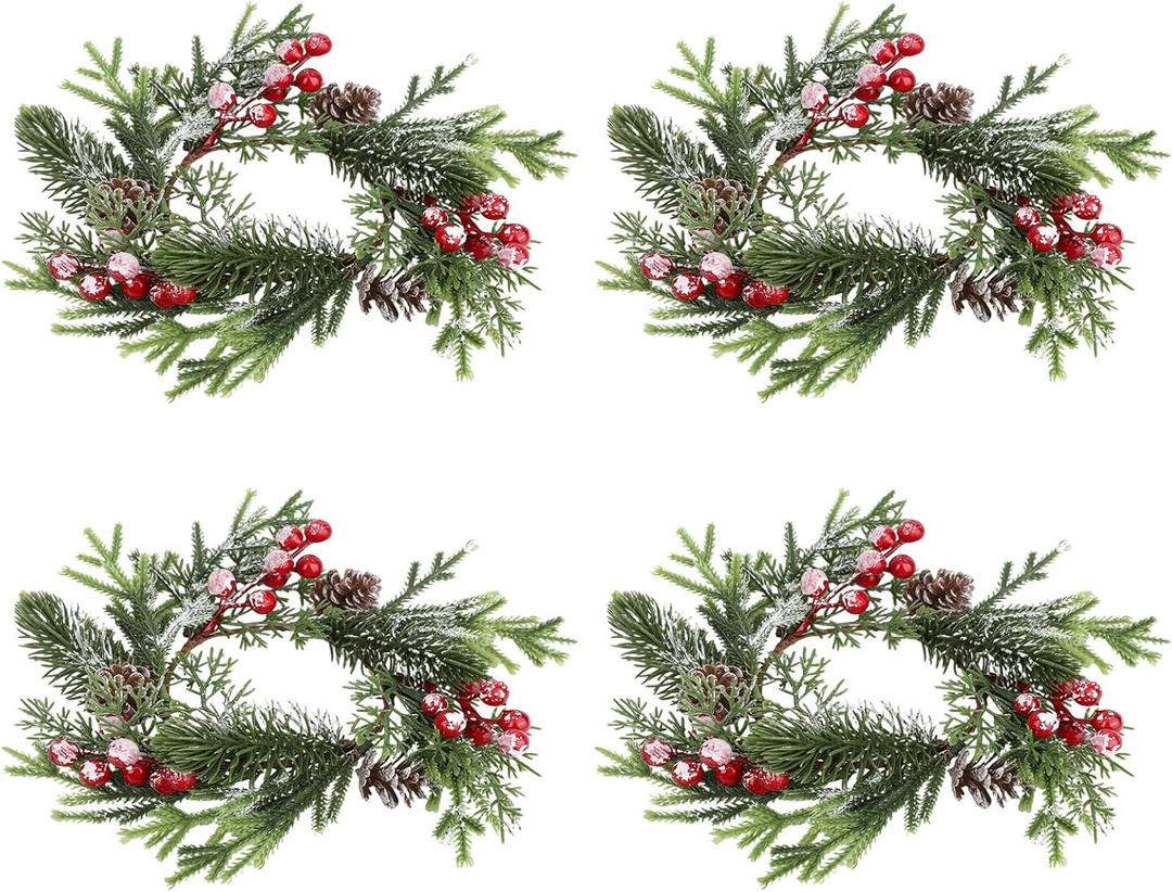 4 Pcs Mini Christmas Wreaths, Christmas Candle Rings Wreaths with Pinecones Red Berries & Cedar for Table Centerpieces Door Window Cabinet Hanging Holiday Party Decor