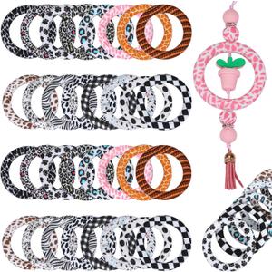 WEWAYSMILE 32 Piece Silicone Beadable Ring 65mm Round Silicone Beads Ring Bulk Focal Beads Water Transfer Silicone Beads for DIY Make Handicrafts Keychains Necklaces Lanyards (Animal Texture Style 1)