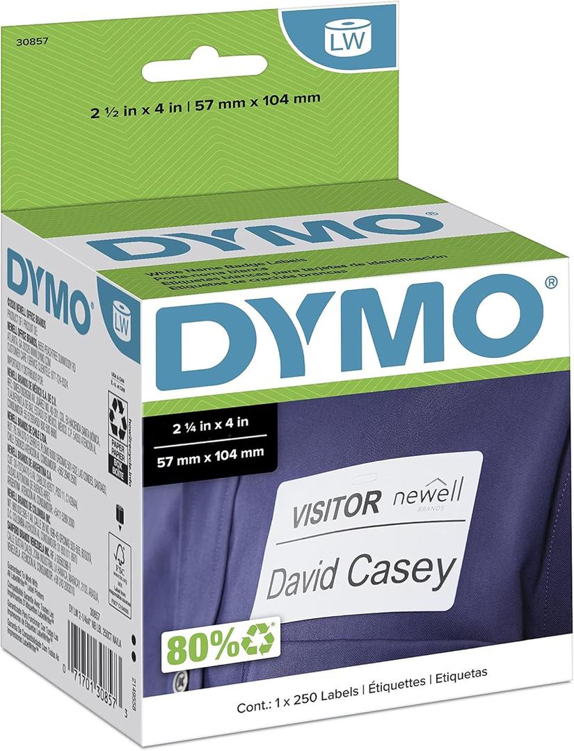 DYMO Authentic LW Name Badge Labels DYMO Labels for LabelWriter Printers White 2-1/4" x 4" 1 Roll of 250