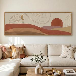 Framed Long Narrow Horizontal Boho Wall Art for Living Room, Bohemian Mid Century Modern Canvas Artwork for Walls,Earthy Sun Moon Desert Painting Print for Bedroom Hallway Wall Decor, 20x60 Inch, 57"L x 19"W