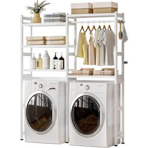 Over The Washer and Dryer Storage Shelf Bamboo,5 Tiers Laundry Room Drying Rack with Adjustable Shelves and 4 Hooks,Space Saver Organizer for Hanging Clothes and Towels (White)