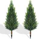 3FT Artificial Topiary Cedar Trees Outdoor, Outdoor Topiary Set of 2 Faux Cypress Plants with Ground Spike, UV Resistant Topiary Trees for Front Porch Garden Backyard Room Decor