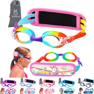 Vvinca Kids Swim Goggles with Fabric Strap No Tangle Pain-Free, Anti-Fog Swimming Pool Goggle No Leak for Toddlers Girls Boys (02-rainbow)