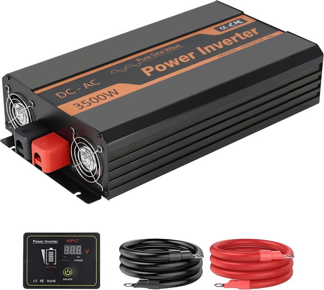PowMr 3500W Solar Inverter, Pure Sine Wave Inverter 12VDC to 110V AC Converter for Home, RV, Truck, Off-Grid Power Inverter with Dual AC, LCD, USB, Battery Cables for 12V Lead-Acid & Lithium Battery