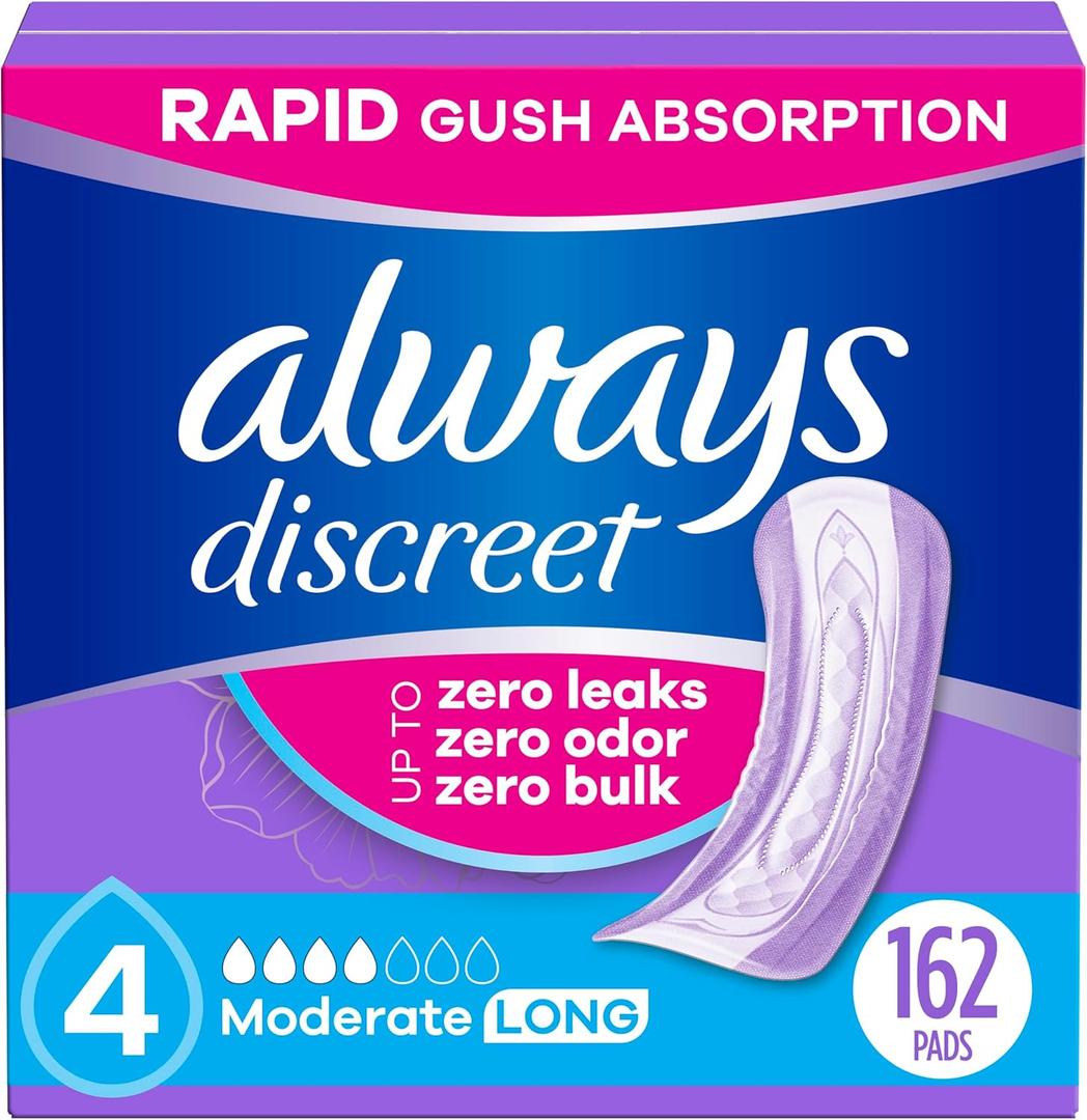 Always Discreet Adult Incontinence Pads for Women, Moderate Absorbency, Long Length, Postpartum Pads, 162 Count (Packaging May Vary) (4-drop)