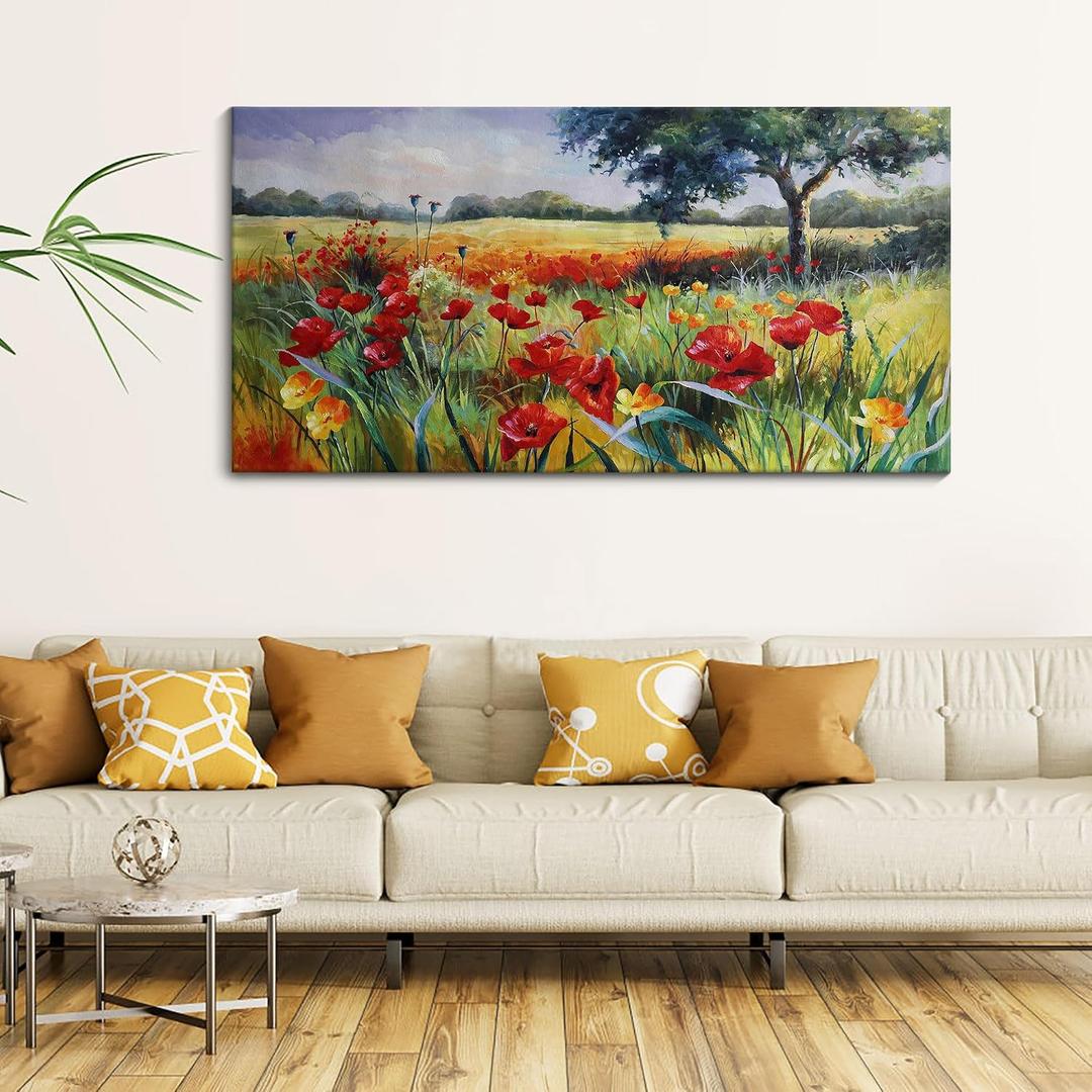 Wall Decor for Living Room Large Wall Art Green Trees Red Yellow Flowers Canvas Art Wall Decor for Bedroom Modern Home Decor Framed, Nature Prints Artwork Wall Decorations 24x48, 47"L x 24"W