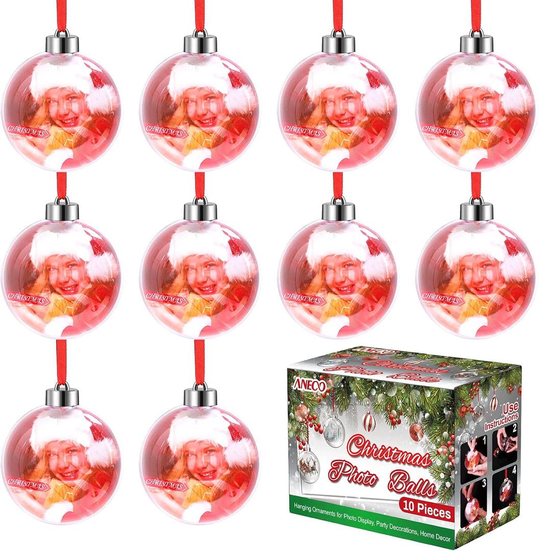 Aneco 10 Pieces Clear Acrylic Photo Ornament Christmas Ball 80mm Hanging Photo Ball Ornaments with Silver Cap and Red Lanyard for Photo Display, Decorating Christmas Trees