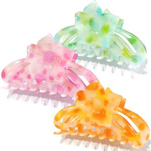 3 x Flower Hair Claw Clips - 3PCS Big Clips for Women/Girls, Cute Nonslip Medium Colorful Hawaiian Flower Clips with Strong Hold for Thick/Thin Hair