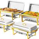 ROVSUN Chafing Dishes for Buffet 4 Pack, 9QT Chafing Dishes [Elegant Gold & Silver] with Rolled-Edge Design, Catering Chafer Warmer Set with Folding Frame for Party Wedding Banquet