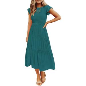 ZESICA Women's 2026 Summer Casual Flutter Short Sleeve Crew Neck Smocked Elastic Waist Tiered Midi Dress (Teal Green)
