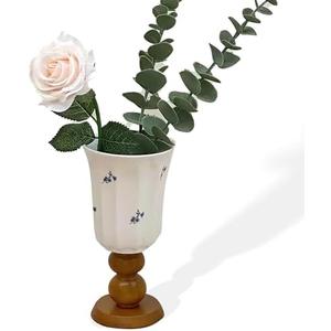 French Vintage Floral Ceramic Goblet Mug – Irregular Shape Coffee Cup with Wooden Base, Breakfast Cup or Decorative Vase for Home. Came Unglued