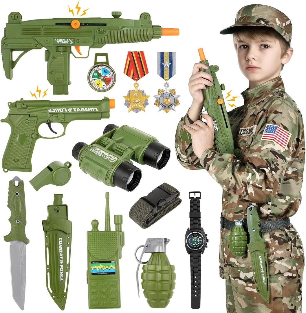 GIFTINBOX Army Costume for Kids, Boys Military Soldier Costume with Toy Accessories, Halloween Costumes for Boys, 13Pcs Army kit Middle(6-8yrs)