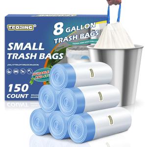 T.FORING 150 Count 8 Gallon Trash Bags Drawstring - 1.2 Mil Heavy Duty Medium Garbage Bags Unscented, 30 Liter Thick Plastic Trash Can Liners for Home Kitchen Bathroom