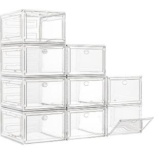 7 code Large Clear Shoe Boxes Organizer, Thicker Material, Stronger Shoe Box with Magnetic Door, Stackable Shoe Storage Box for Closet, Foldable Space-Saving Storage Bins Shoe Cabinet, White 9 Pack