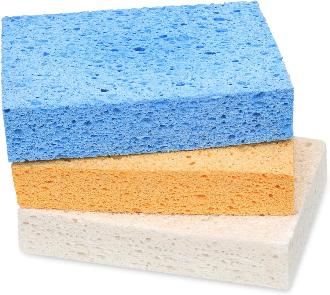 Extra Large Dish Sponges Kitchen for Cleaning, Natural Cellulose Sponges Reusable and Biodegradable, Non Scratch Sponge for Dishes Household Use (3-Pack) (Yellow / White / Blue)