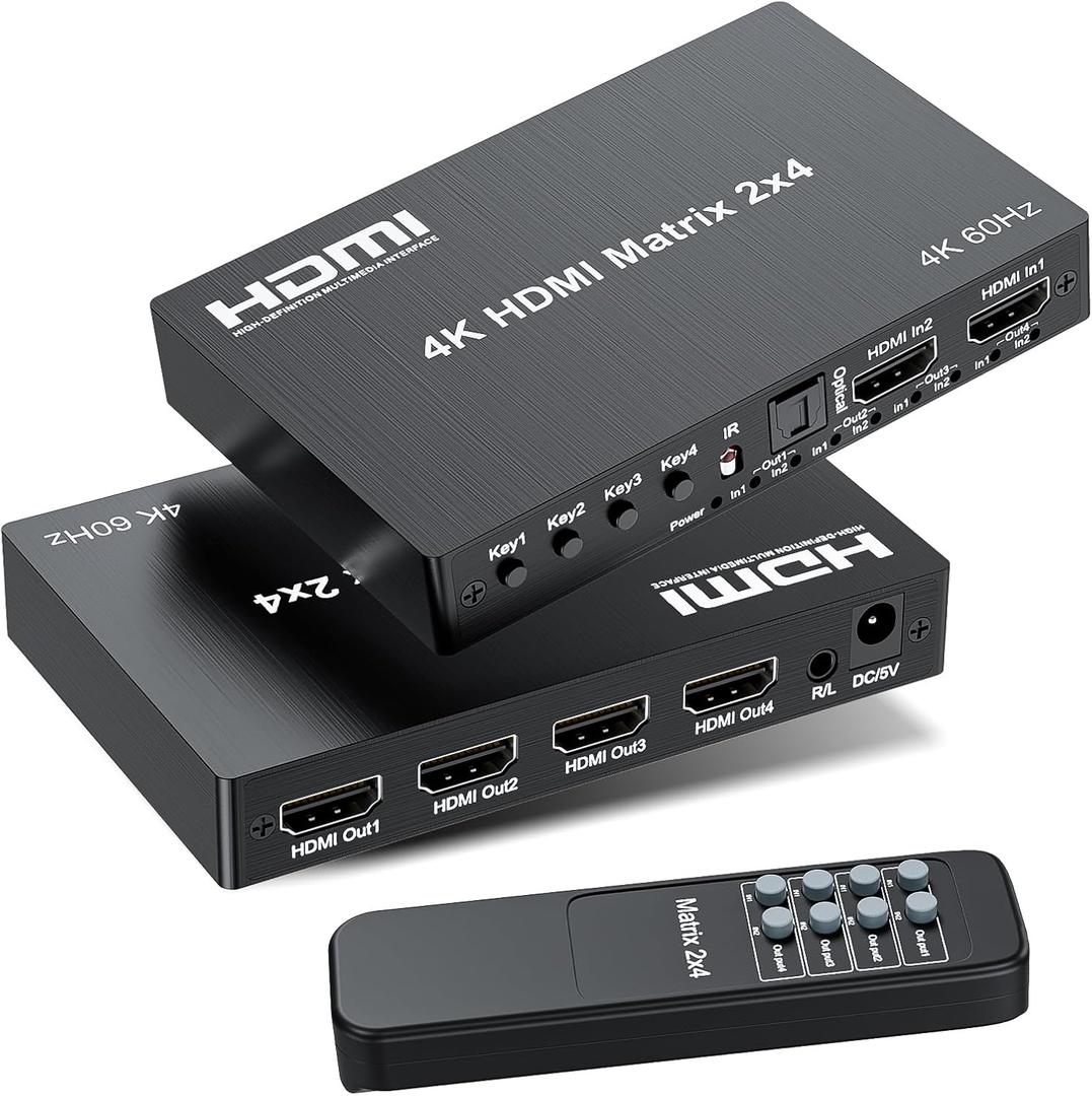 4K 2x4 HDMI Matrix Switch, 2 in 4 Out Matrix HDMI 2.0 Video Switcher Splitter, Optical & 3.5mm Audio Output, Support 4K 60Hz HDR HDCP2.2, 18Gbps, with IR Remote Control for NS PS5 Fire Stick etc