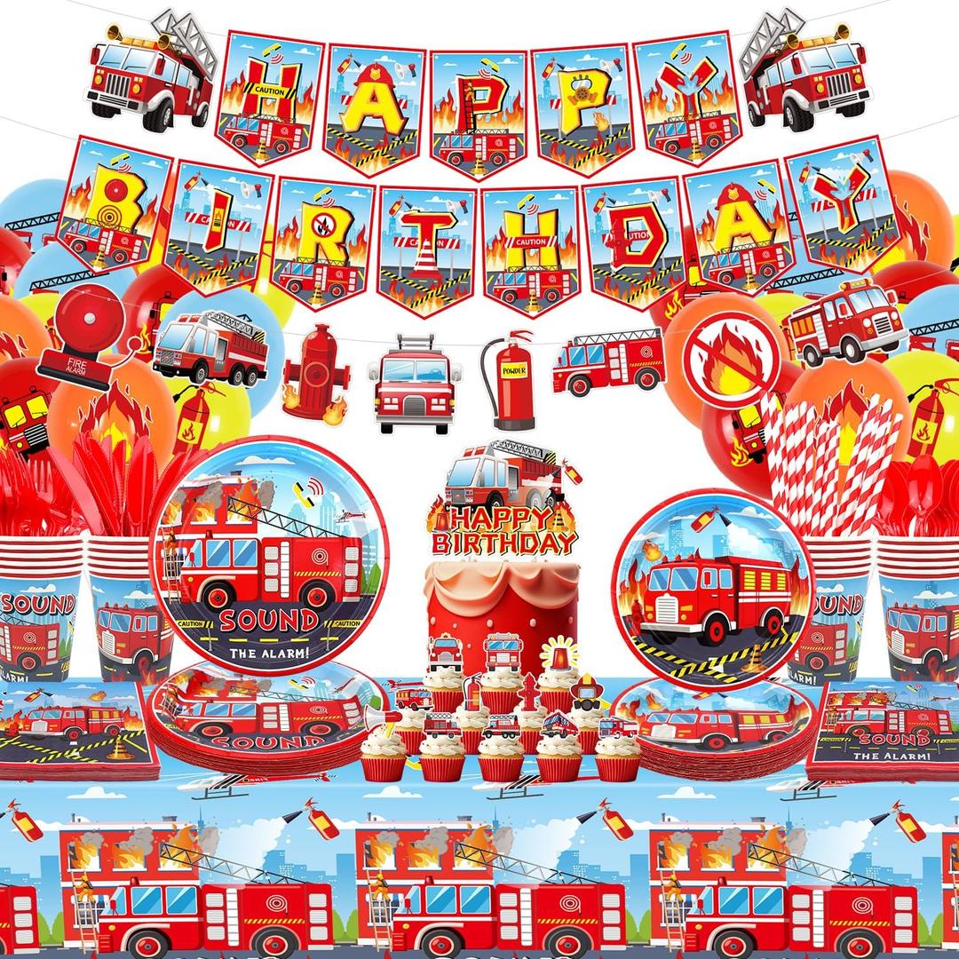 Firetruck Birthday Party Decorations - Fire Truck Party Supplies, Plates Cups Napkins Tablecloth Happy Birthday Banner Balloon Cake Toppers for Truck Theme Party Baby Shower Supplies