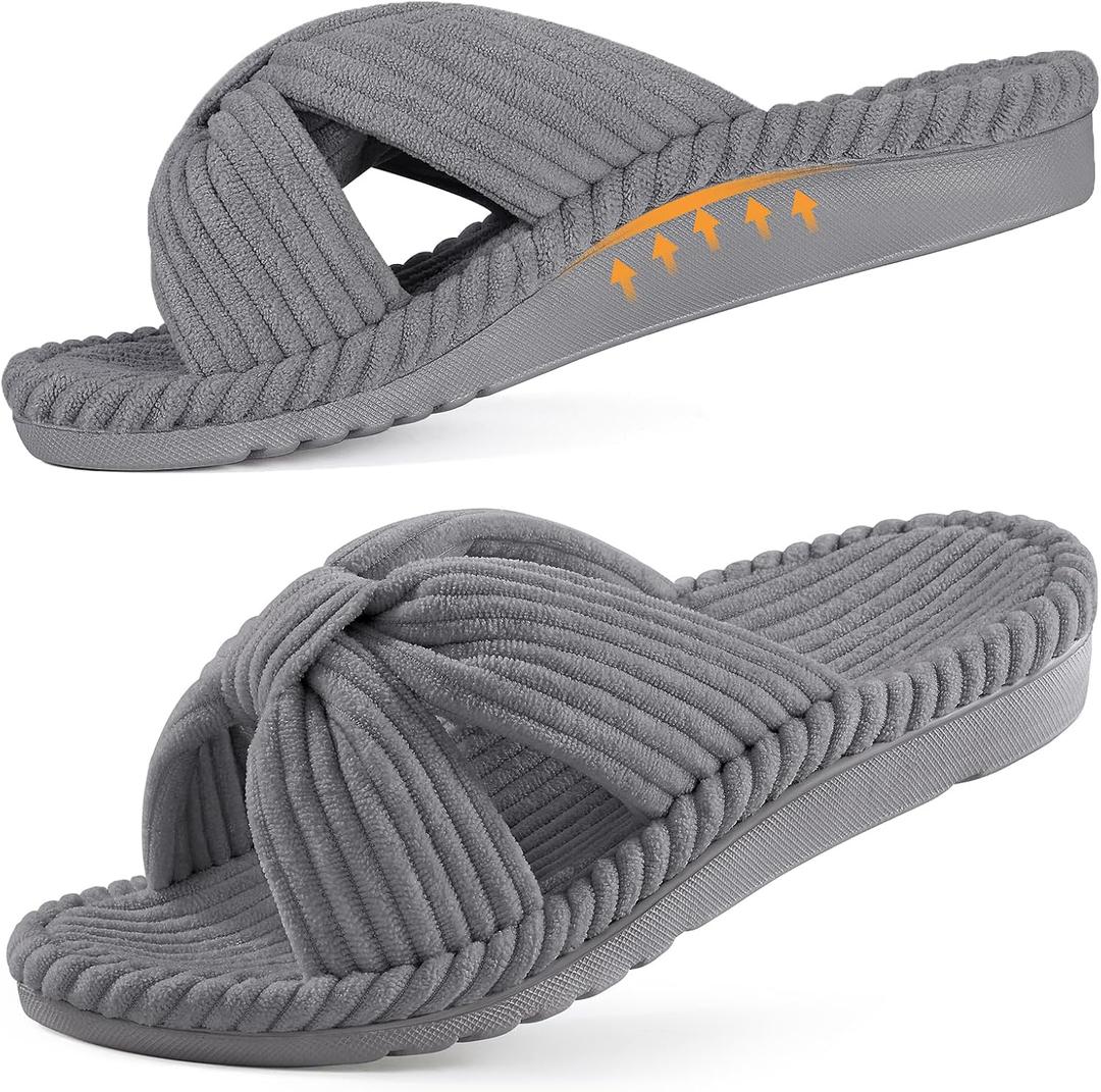 Litfun Orthopedic Arch Support Slippers for Women Comfortable Open Toe Indoor House Slippers Corduroy Cross Bow Bedroom Shoes for Plantar Fasciitis, 40