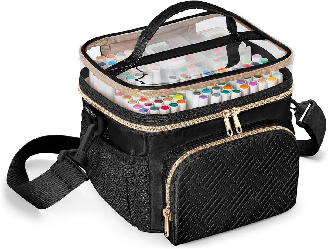 Marker Organizer Case for 100 Markers, Marker Storage Organizer Bag with Divider and Shoulder Strap, Marker Travel Carrying Case with 3 Pockets, Black (Patented Design)