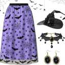 Yearntown 4 Pcs Women Halloween Costume Accessory Set Mesh Long Skirt Ruched Witch Hat Gothic Choker Earrings Set(Purple,XXL)