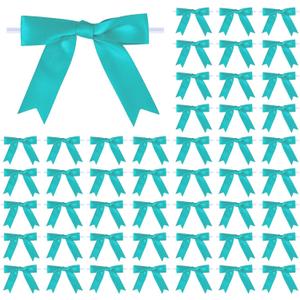 Meseey 50 Pcs 3 Inches Twist Tie Satin Ribbon Bows Teal Pretied Premade Craft Bows for Treat Bags Gift Wrapping Basket Wedding Baby Shower Brithday Christmas Party (3", Teal)