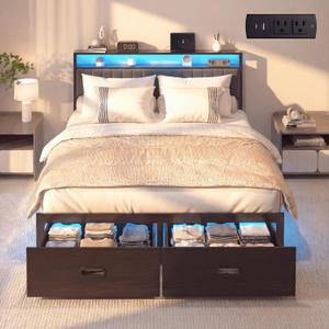 Full Bed Frame with 2 Drawers, Platform Bed Frame with LED Lights and Charging Station, Upholstered Headboard, Heavy Duty Metal Slats, No Box Spring Needed, Noise Free, Easy Assembly