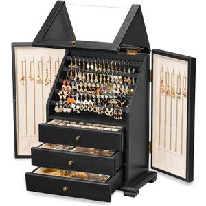 Jewelry Box Organizer, Rustic Wooden Jewelry Boxes for Women Girls, Large Storage Earring Holder Organizer Display for Earrings Necklaces Rings Bracelets (Black)