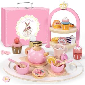 Wooden Tea Party Set for Little Girls, Toddler Girl Gifts Princess Tea Time Toys, Wooden Tea Set Tray Cake Dessert, Kids Kitchen Pretend Play, Birthday for Girls Age 2-5 Years Old