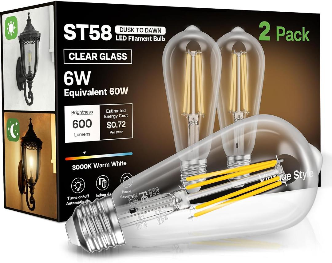 Dusk to Dawn Light Bulbs, 6W Equivalent 60W, Soft White 3000K, E26 Base, Light Sensing, ST58 Vintage Style, 600LM, Outdoor Edison Bulbs, Automatic Light Bulbs for Porch Patio Garage, 2 Pack