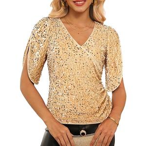 GRACE KARIN Womens 3/4 Length Sleeve Sequin Tops V Neck Velvet Ruched Blouses 2025 Glitter Trendy Party Outfit Gold L